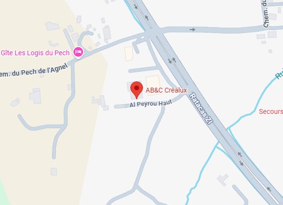 AB&C Créalux : Localisation, plan d'accès ZI Ratacas. Plan détaillé localisant AB&C Créalux (Al Peyrou Haut), près de la ZI Ratacas et du Gîte Les Logis du Pech (Chem. du Pech de l'Agnel).